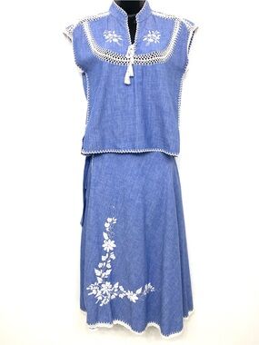 Vintage 2 Piece Top and Wrap Skirt Set Blue Embroidered Cotton Folk Boho XS S
